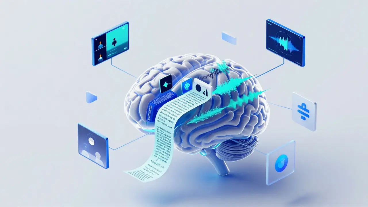 Abstract visualization of multimodal AI processing video, audio, and text data.