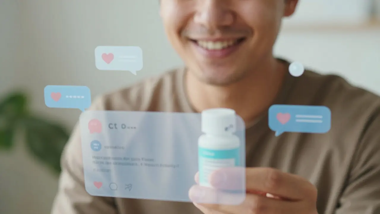 Candid photo of a smiling customer with subtle social media overlay effects.