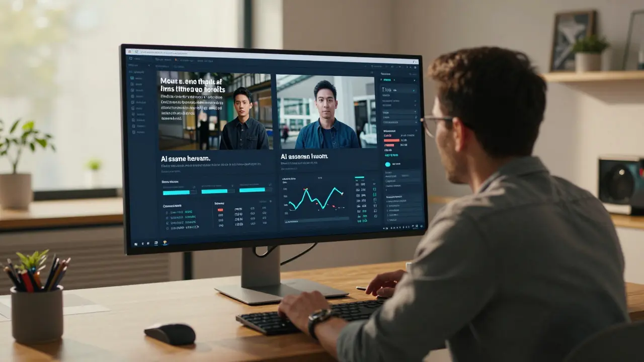 Creative director reviewing AI-assisted ad performance on a monitor