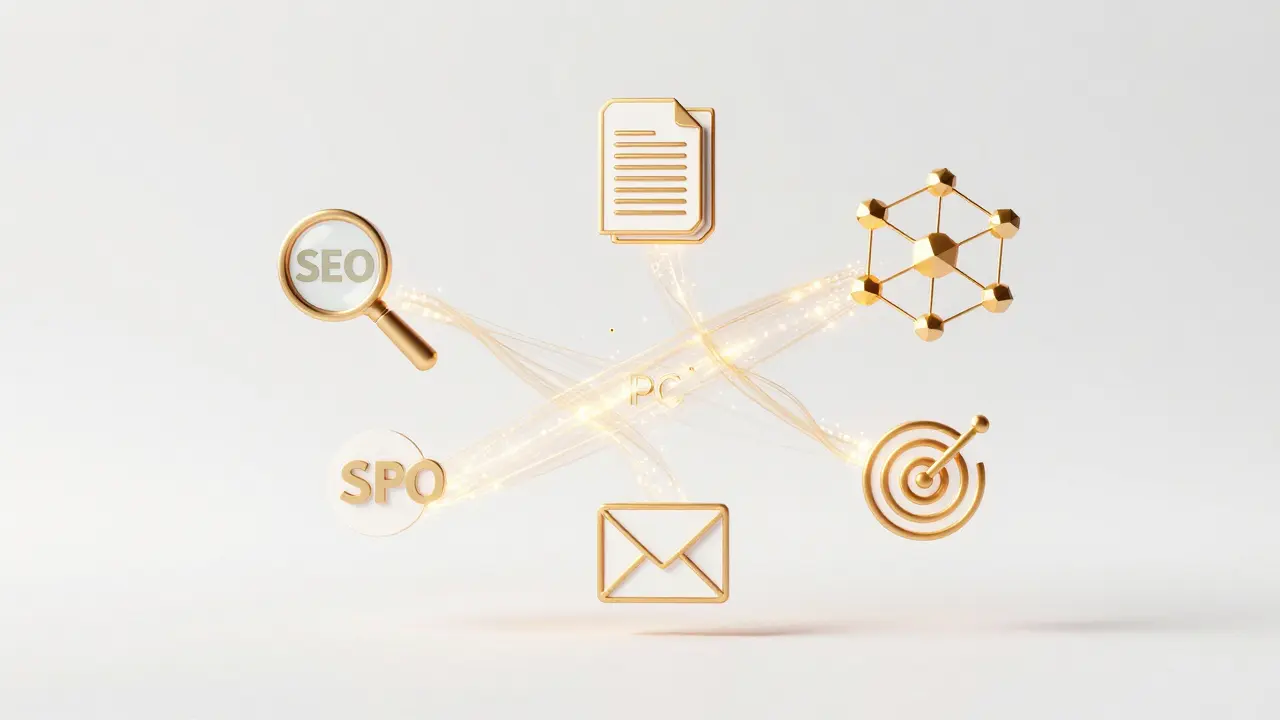 Glowing icons representing SEO, content, and social media connected by light streams.