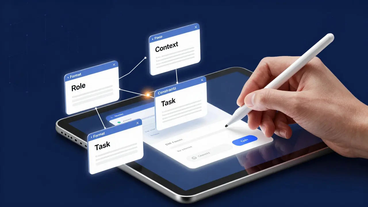 Hand connecting prompt elements to form a digital advertisement concept