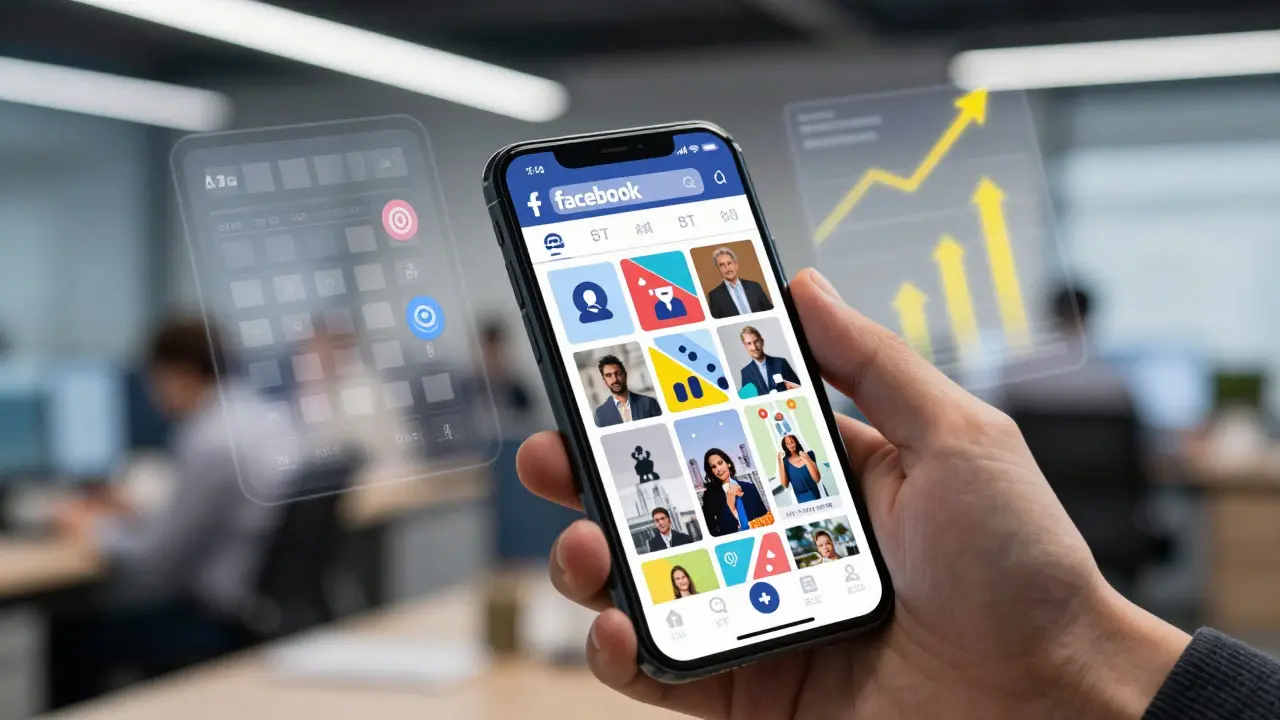 Smartphone displaying Facebook strategy tools in a marketing office