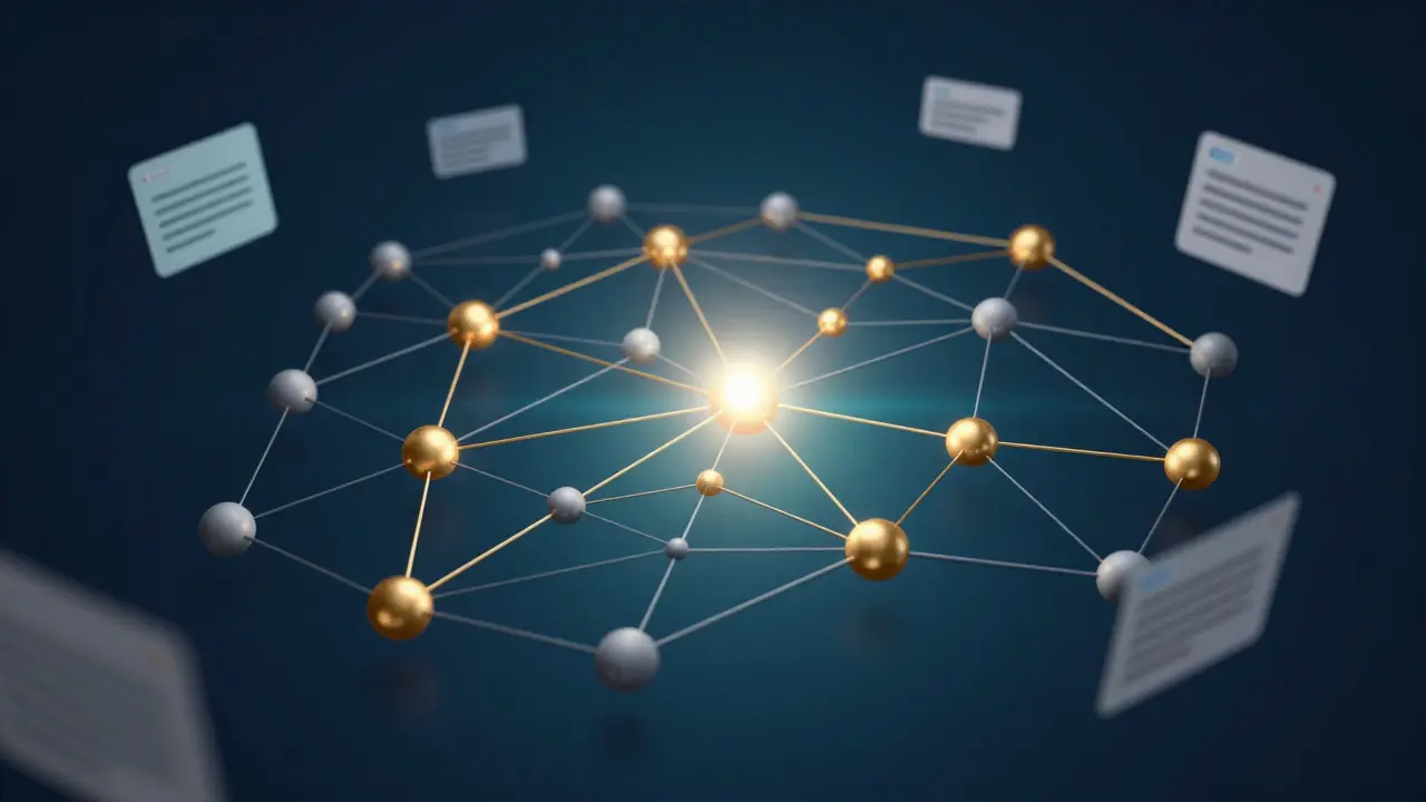 Abstract web of connected keywords and semantic SEO concepts