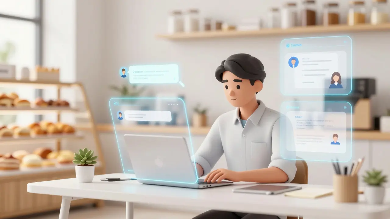 Bakery owner using AI tools to automate customer replies and posts