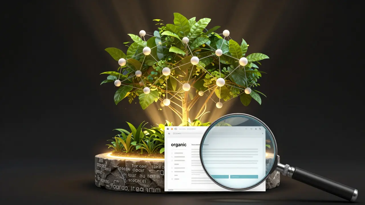 Conceptual art showing SEO as a growing digital garden foundation