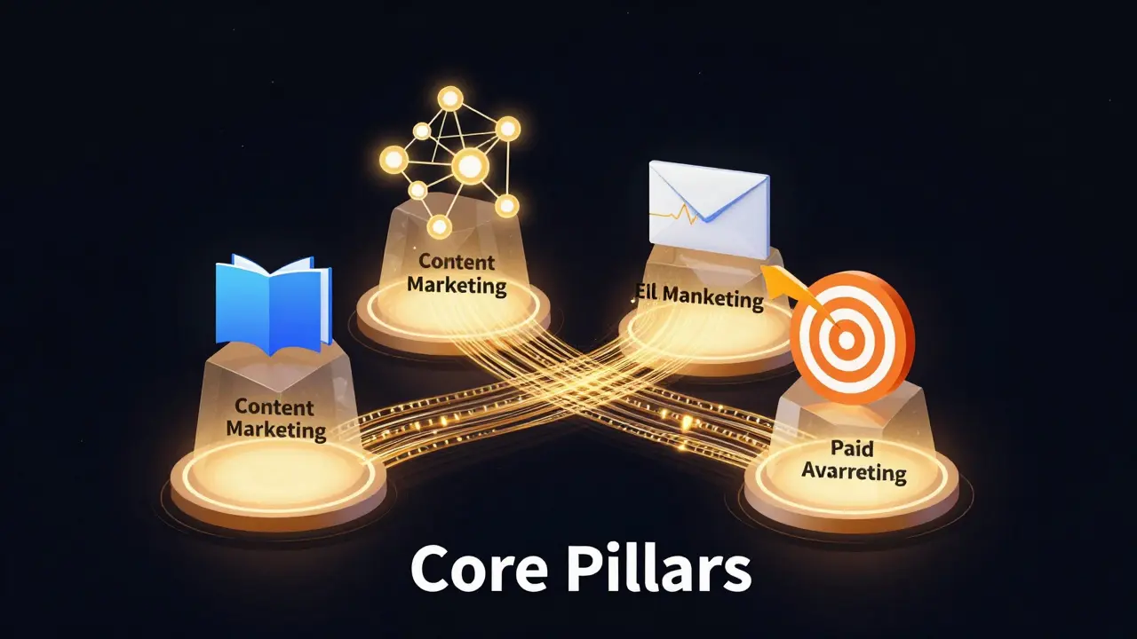 Glowing pillars representing integrated digital marketing strategies