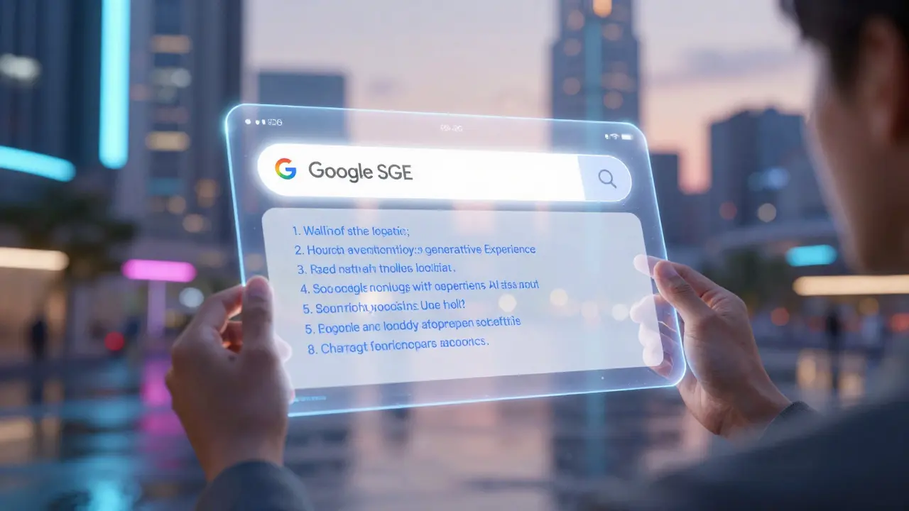 Holographic AI search interface showing direct answers in a futuristic city.