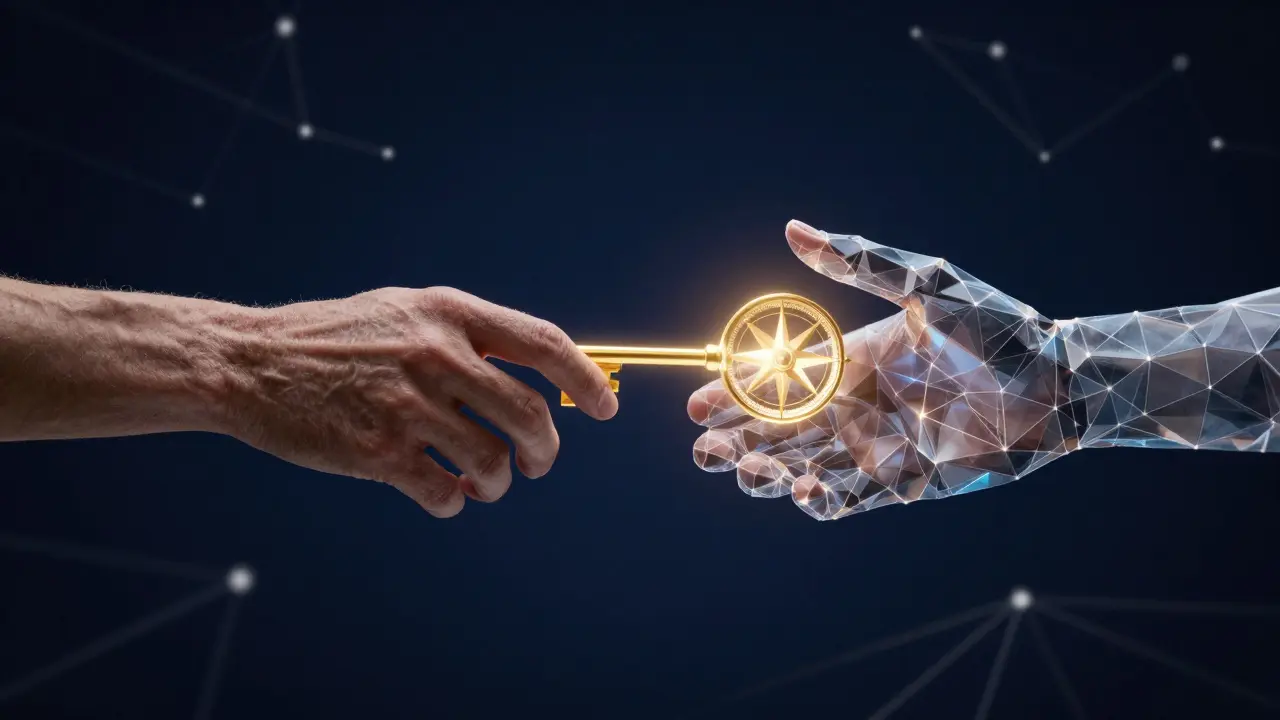Human and digital hands merging to symbolize AI-human collaboration