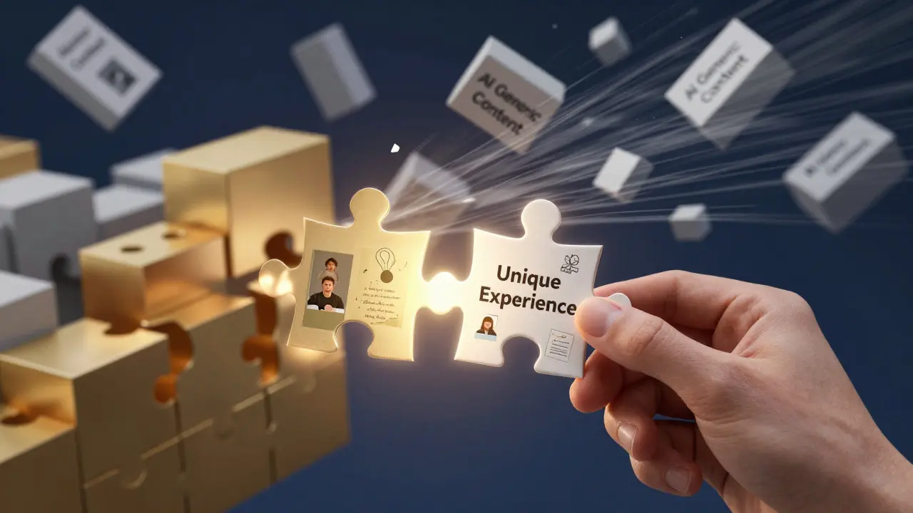 Human hand adding unique experience piece to golden content structure