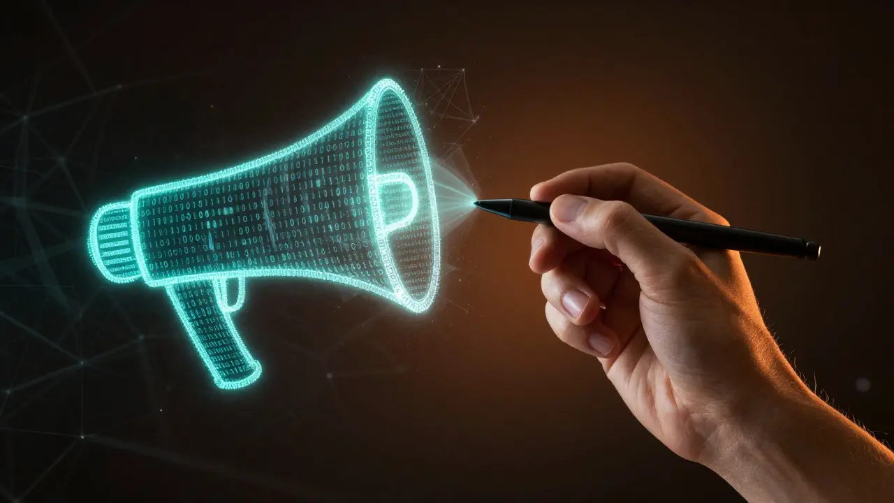Human hand writing glowing text that merges with digital code patterns
