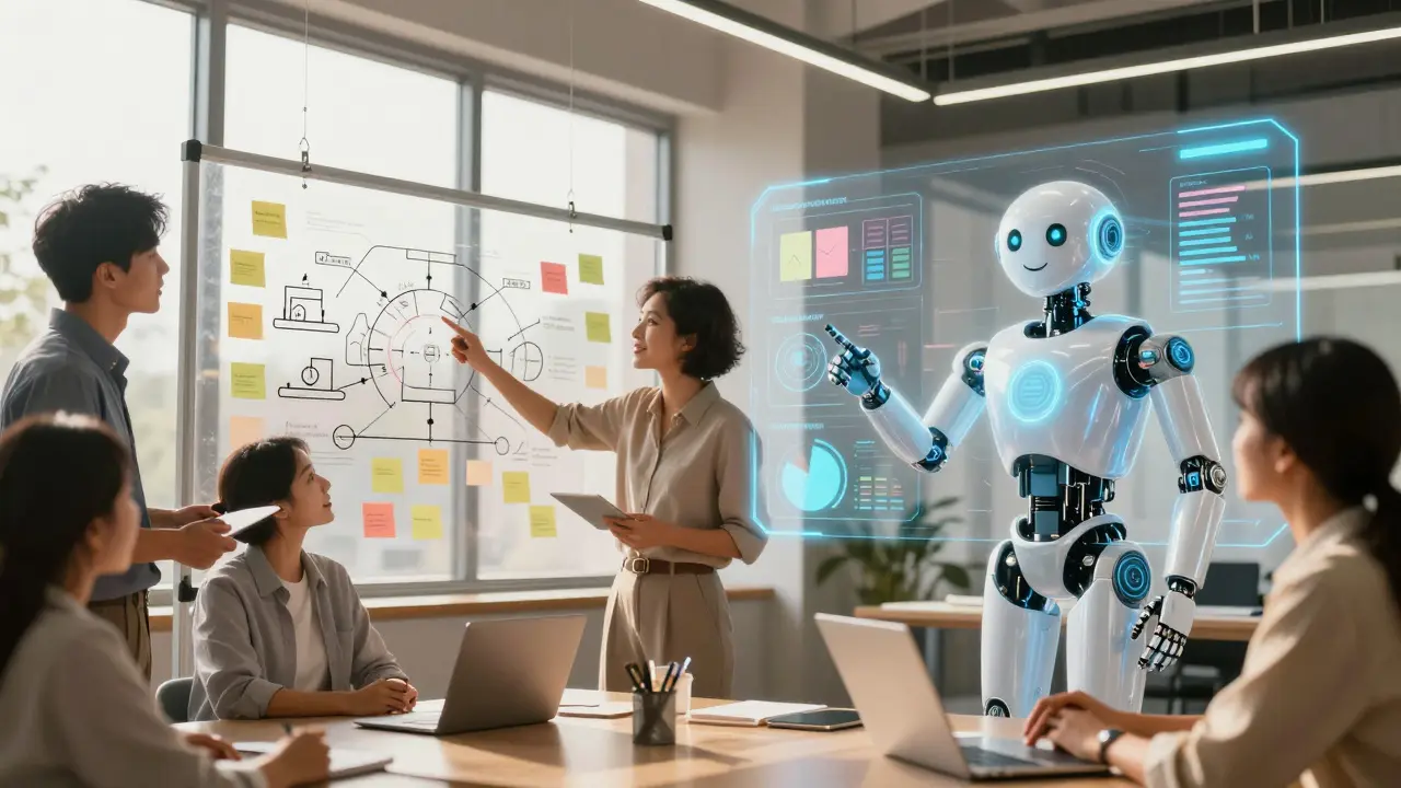Human team collaborating with AI assistant for marketing strategy