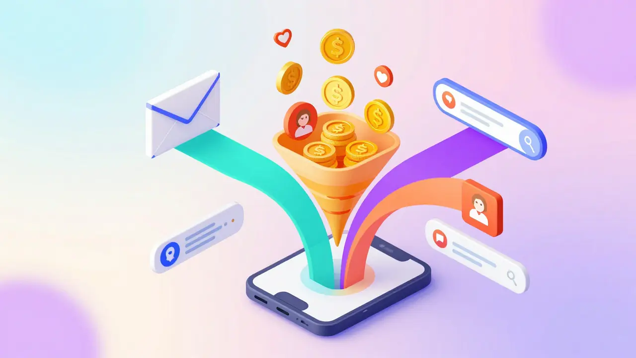Isometric 3D graphic of integrated marketing channels driving revenue