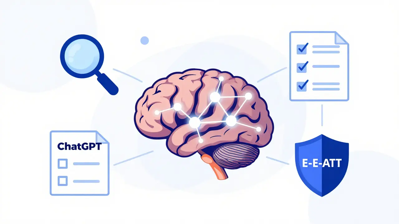 Vector graphic of AI co-pilot workflow with keyword and outline icons.