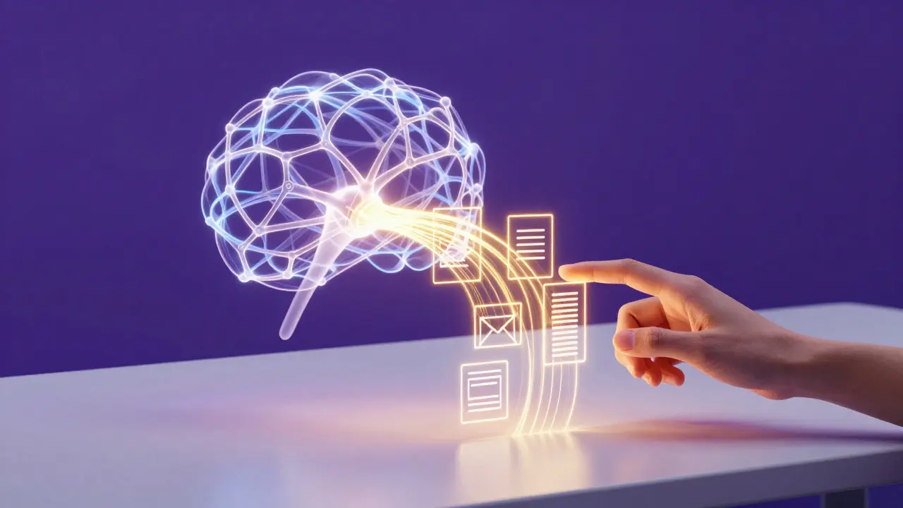 Abstract 3D art showing AI generating content guided by a human hand