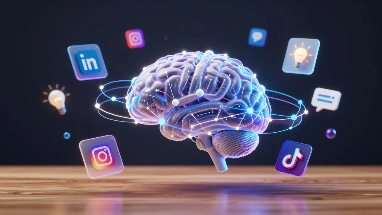 Abstract digital brain surrounded by social media icons and idea cards
