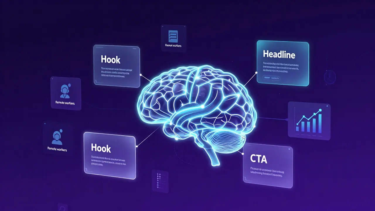 Abstract visualization of AI generating ad copy variants