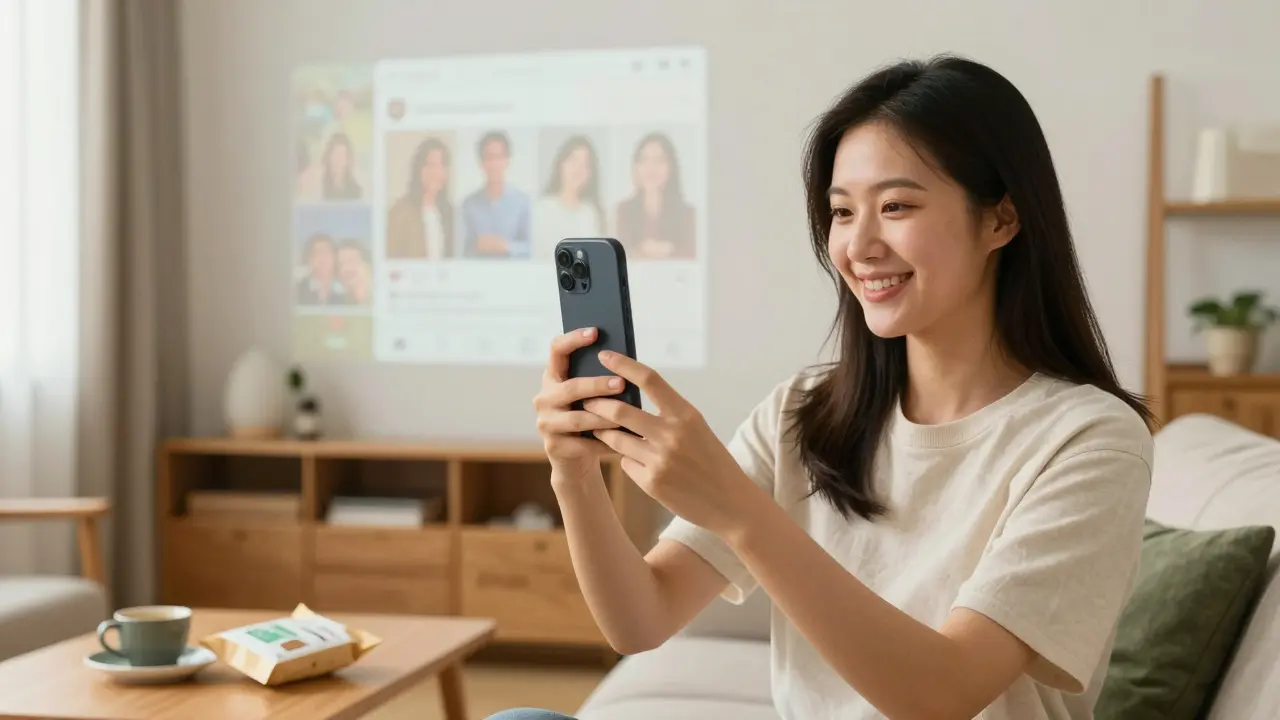 Customer sharing authentic product review on smartphone