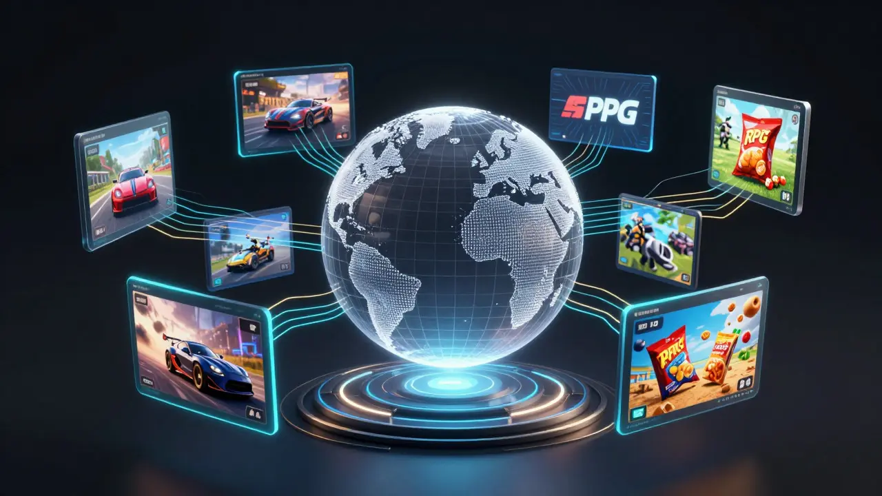 Holographic visualization of programmatic ad data flowing into various video games.