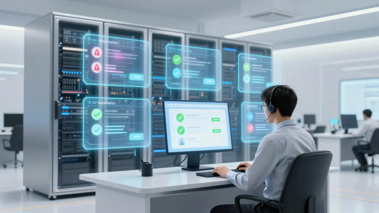 Human agent overseeing holographic AI customer service bots in a futuristic server room