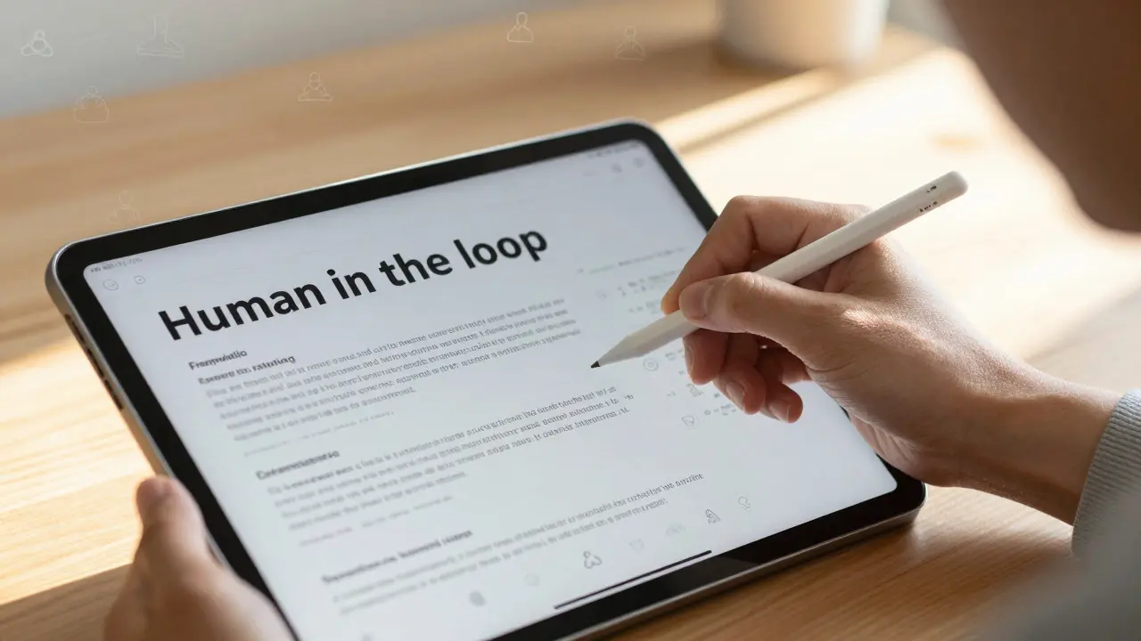 Human hand refining AI-drafted customer response on tablet
