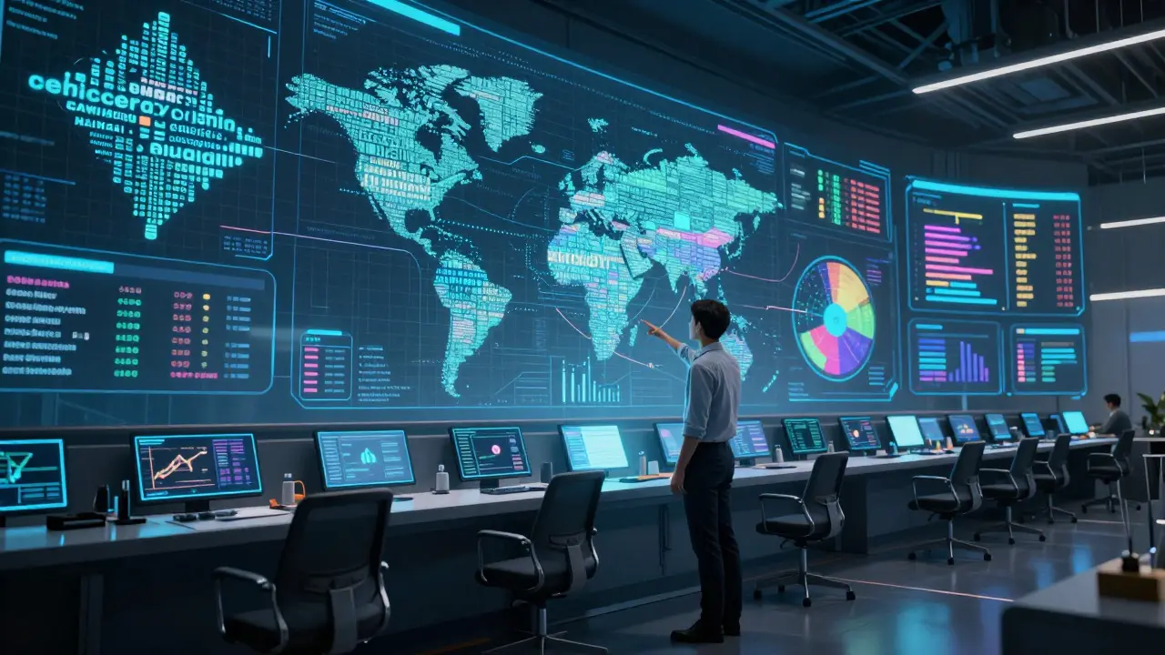 Marketer analyzing holographic SEO and personalization data dashboards