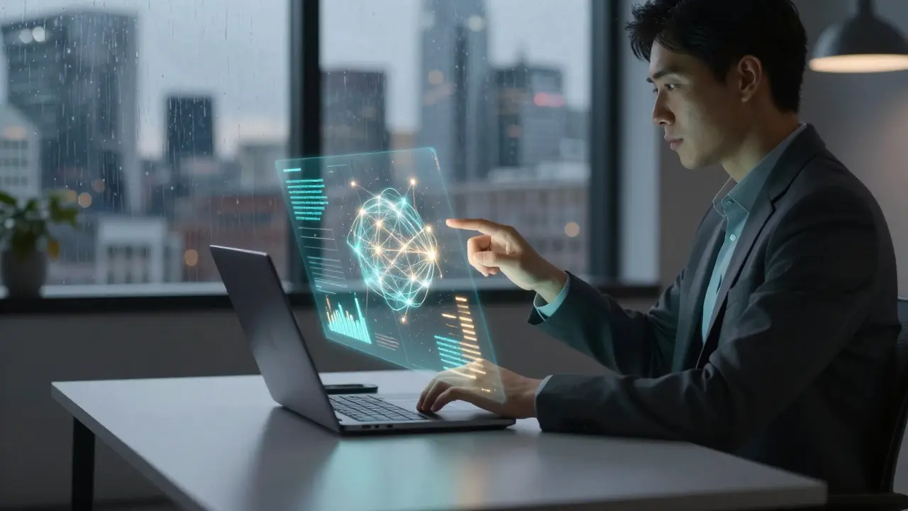 Marketer interacting with AI holographic data in a modern office