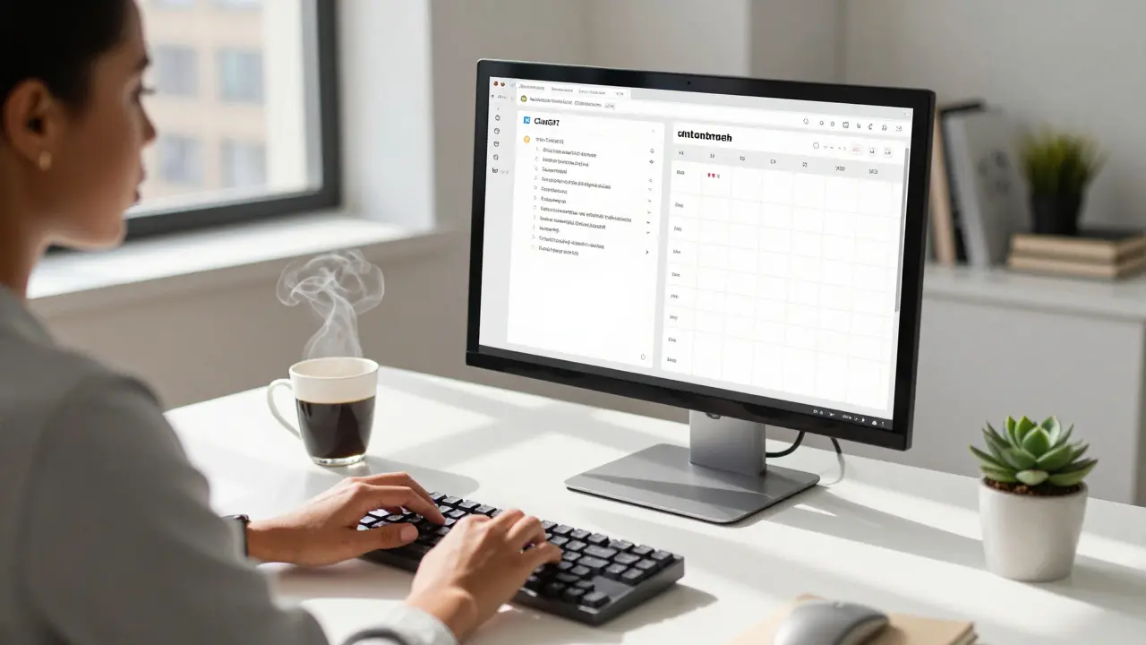 Social media manager working on laptop with AI tools in bright office