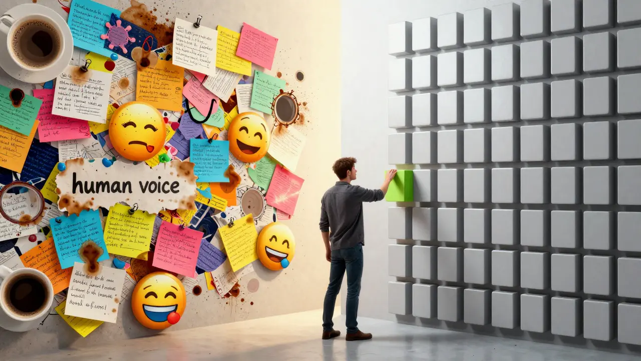 Split image contrasting messy human creativity with sterile, uniform AI content blocks