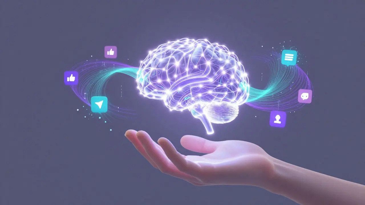 Abstract 3D art showing human hand connecting with glowing AI neural network sphere.