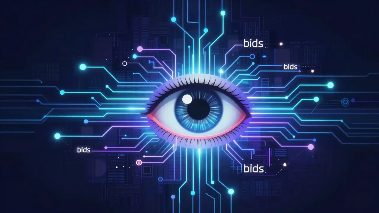 Abstract digital art showing AI neural networks processing real-time ad bids
