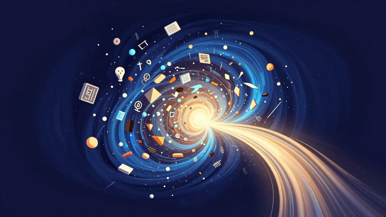Abstract digital art showing chaotic shapes transforming into a smooth, glowing stream of light