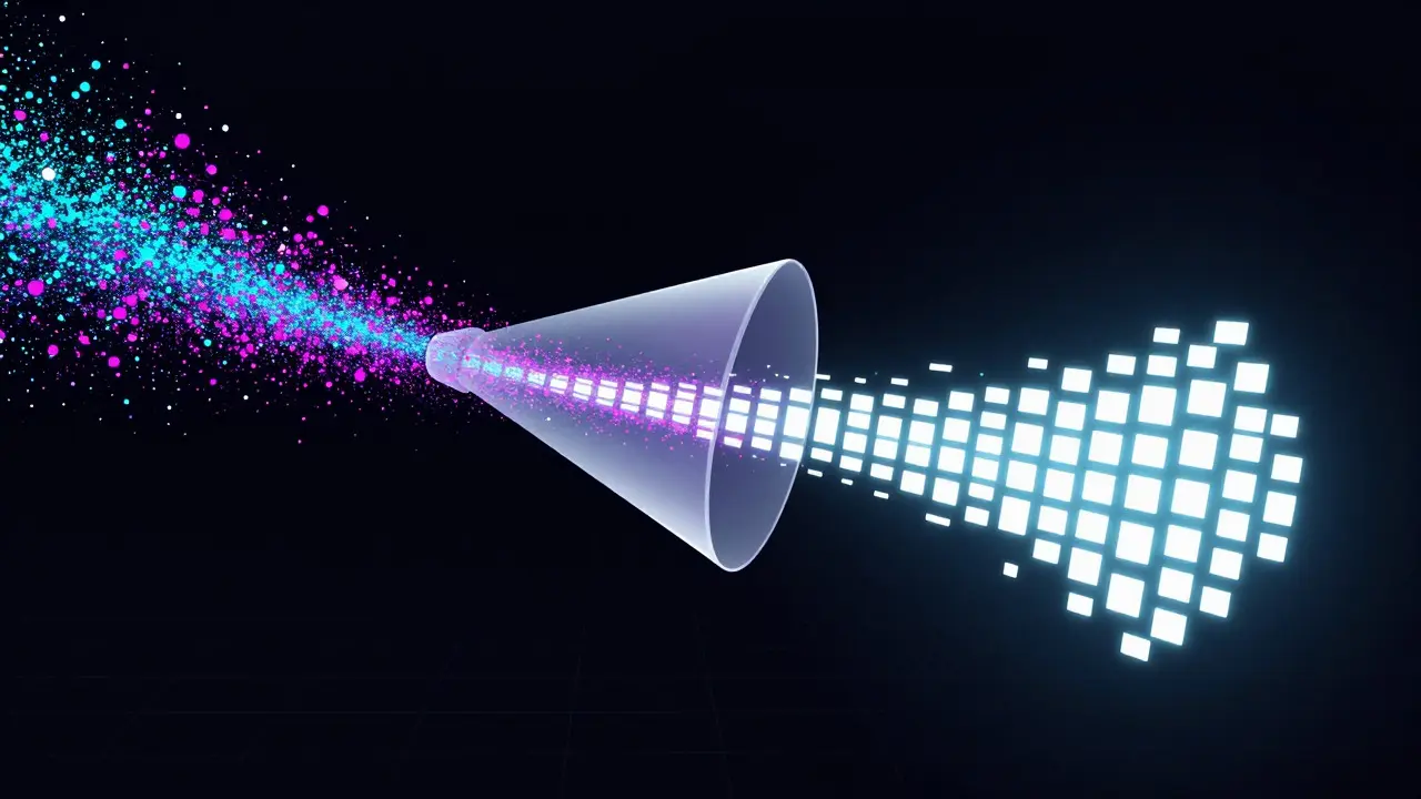 Abstract illustration of chaotic data particles organizing into a structured beam of light
