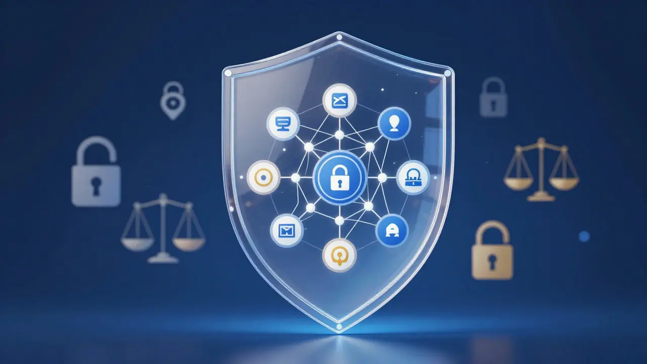 Abstract shield protecting data nodes, representing ethical AI and privacy