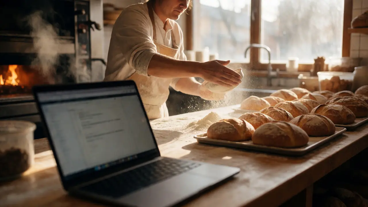 Baker preparing pastries in a sunlit bakery with a laptop in the foreground.