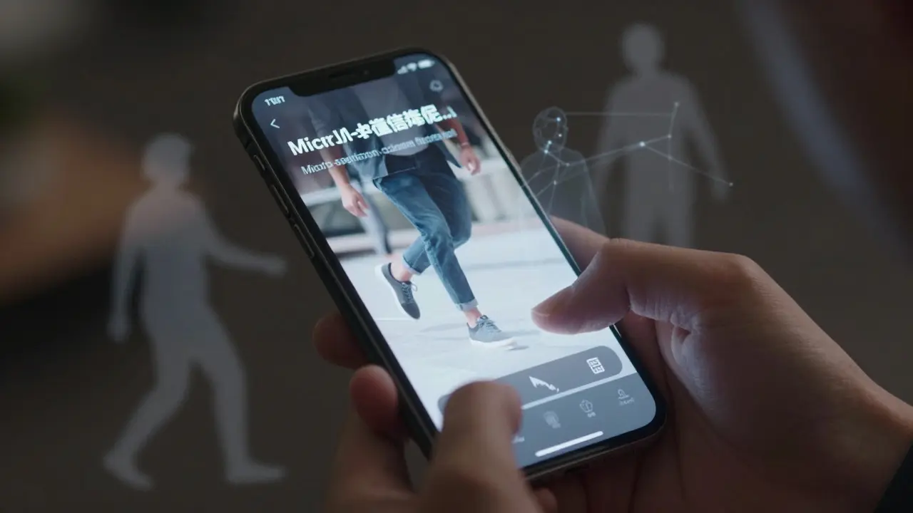 Hand holding a phone displaying personalized, shifting ad content projections