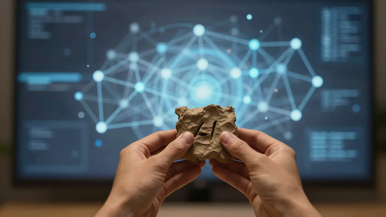 Hands holding a clay sculpture in front of a floating digital network, blending human creativity with AI