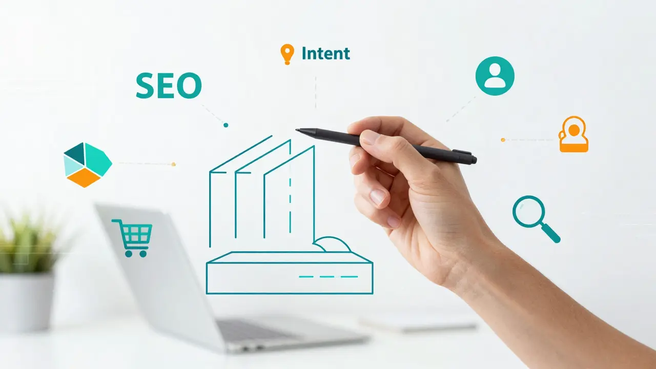 Holographic outline and SEO icons representing AI marketing workflow strategy