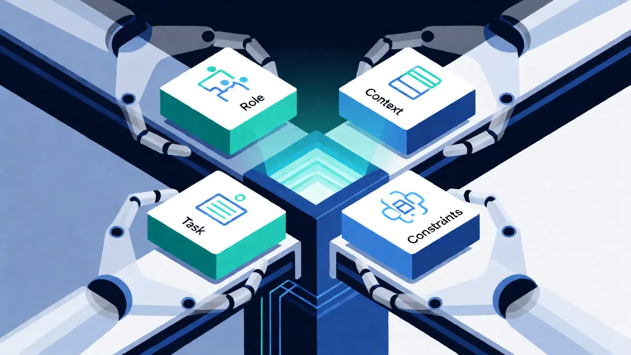 Isometric illustration of four structured modules feeding into an AI core.