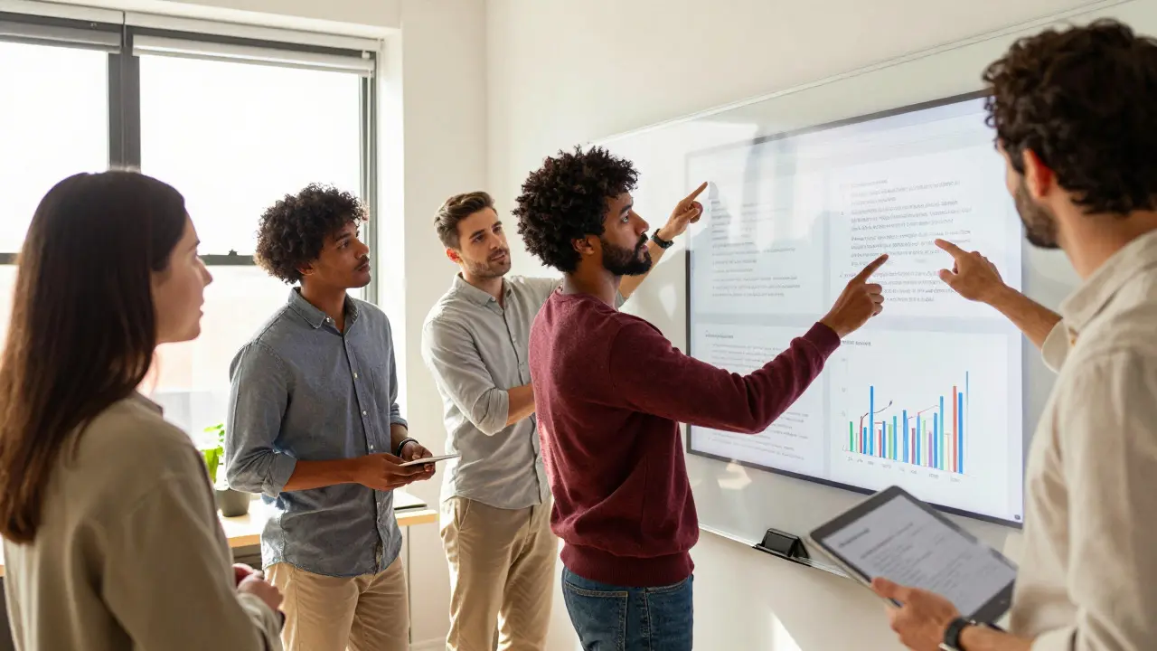 Marketing team collaborating on content strategy around a digital whiteboard.
