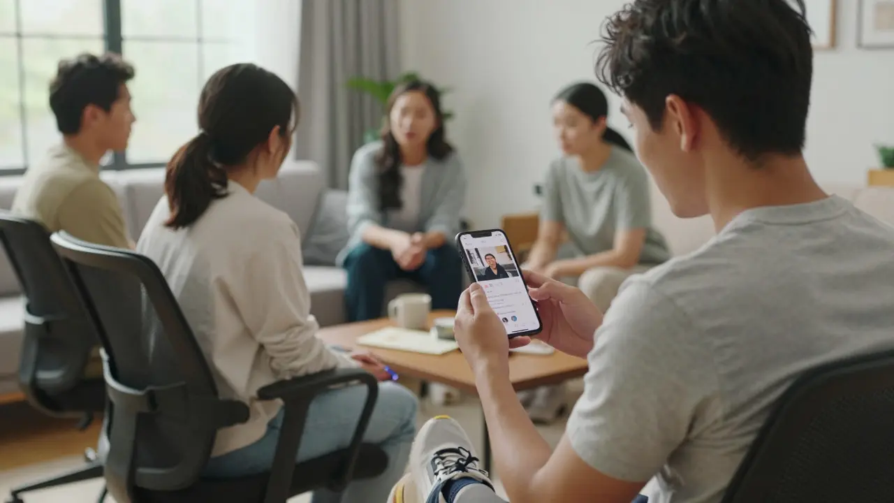 People sharing genuine product reviews on a smartphone in a cozy living room.