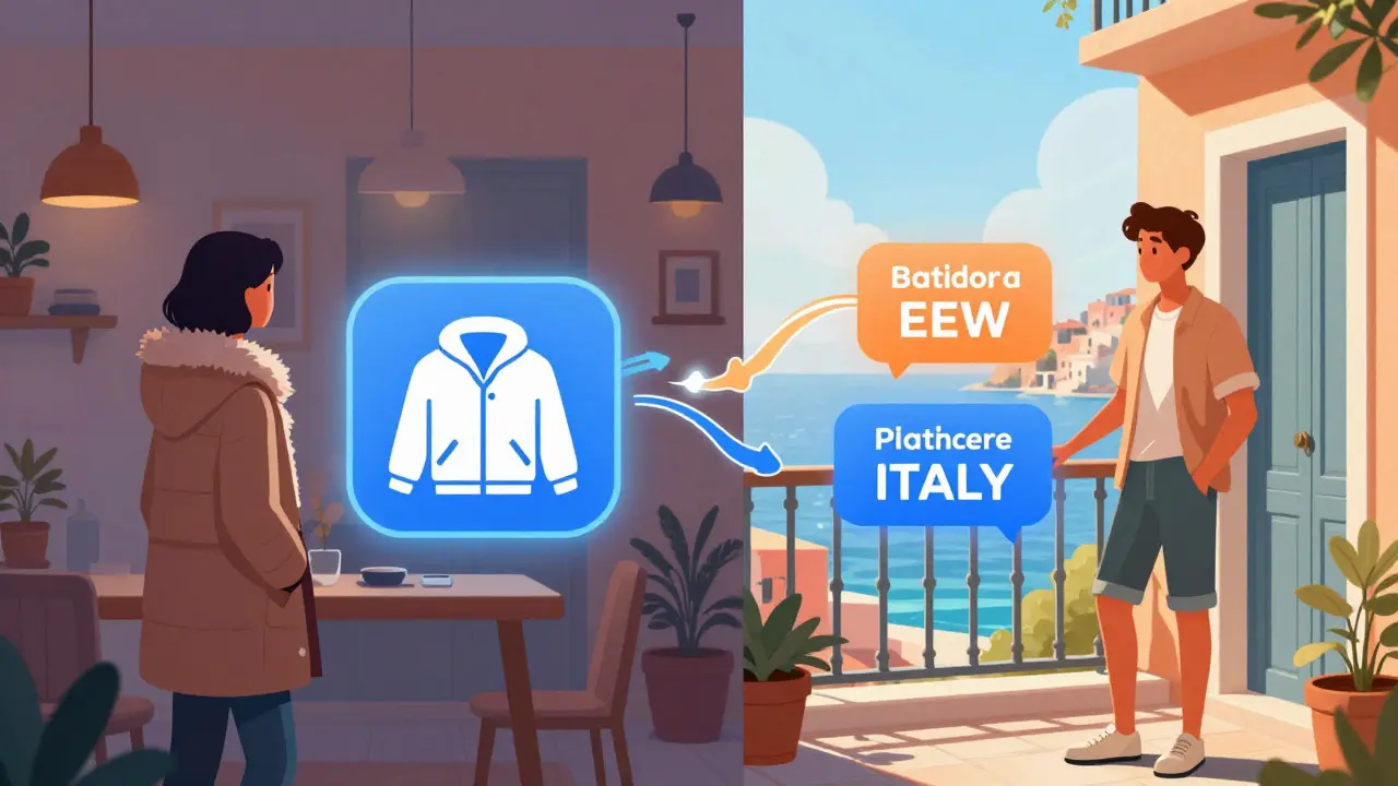 Split scene showing personalized product messaging for different climates