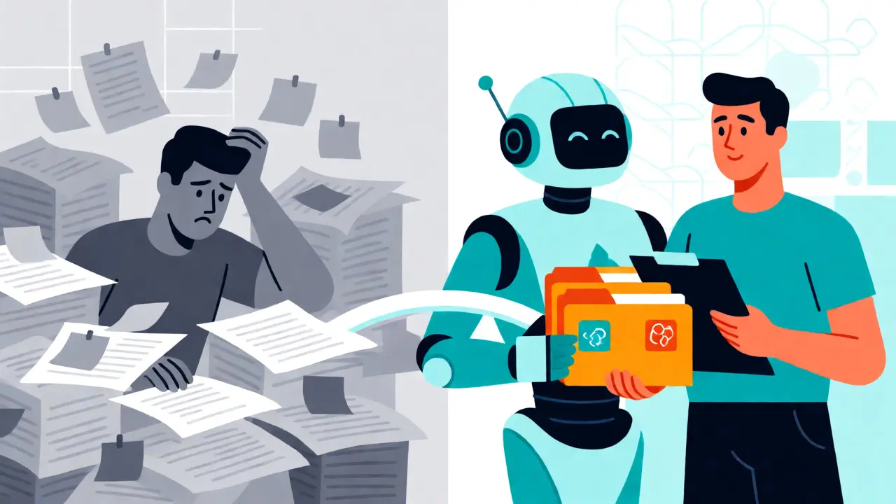 Split-screen illustration contrasting chaotic manual work with efficient AI-assisted workflow