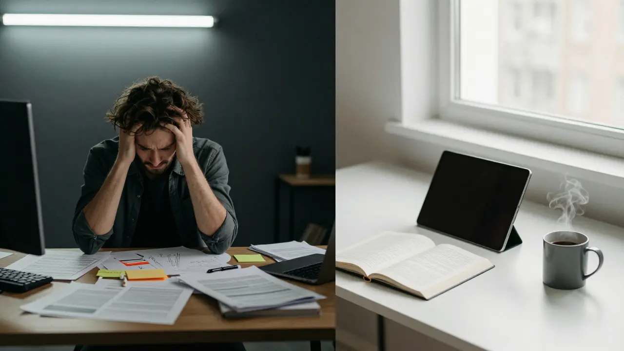 Split view contrasting a cluttered, stressful workspace with a calm, organized one