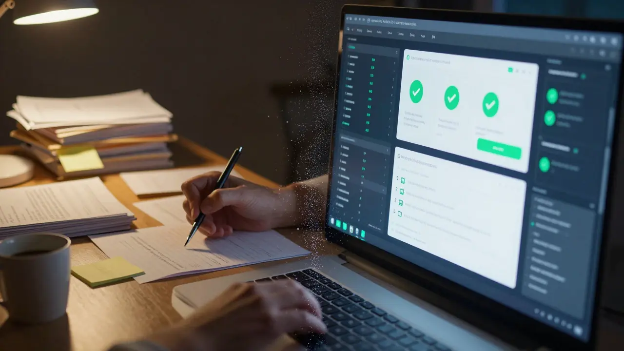 Split view contrasting cluttered manual desk with sleek digital AI workspace
