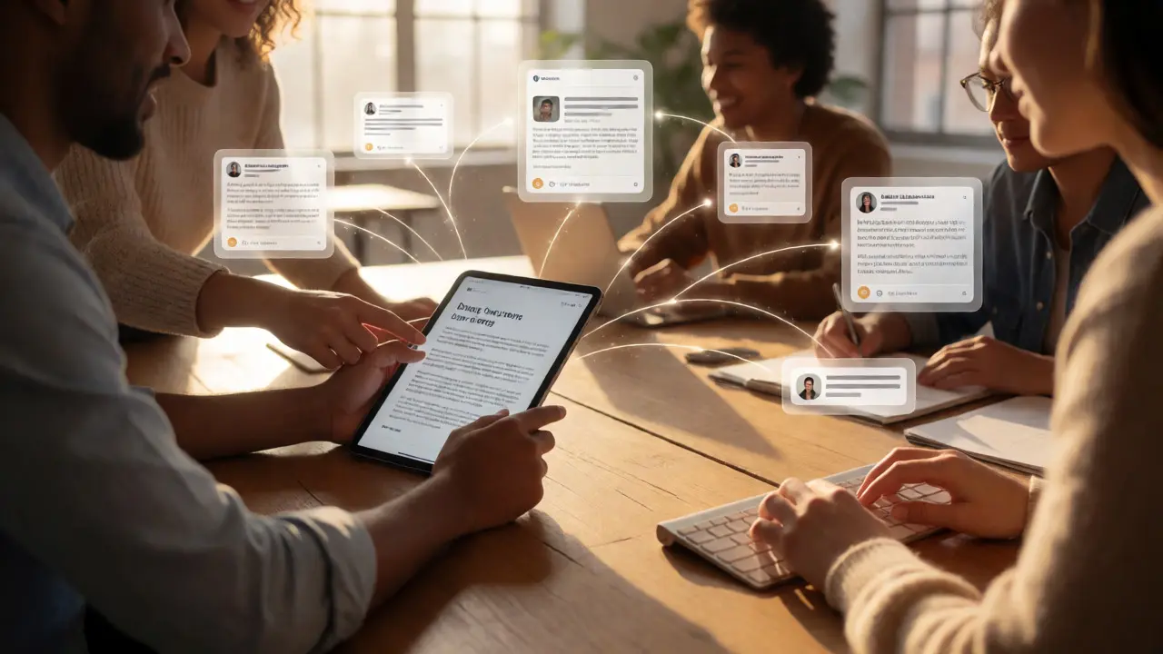 Team collaborating at a table with glowing overlays showing content repurposing
