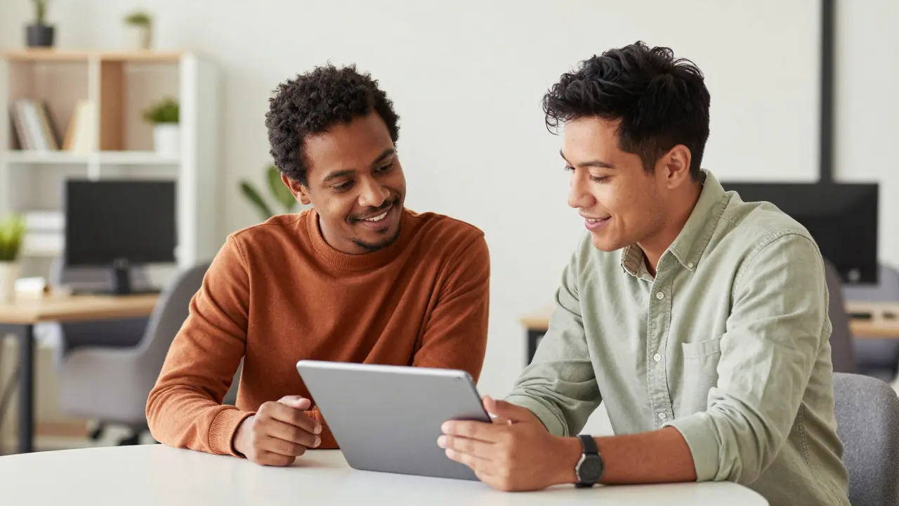 Two professionals collaborating and discussing content strategy around a table in a bright office