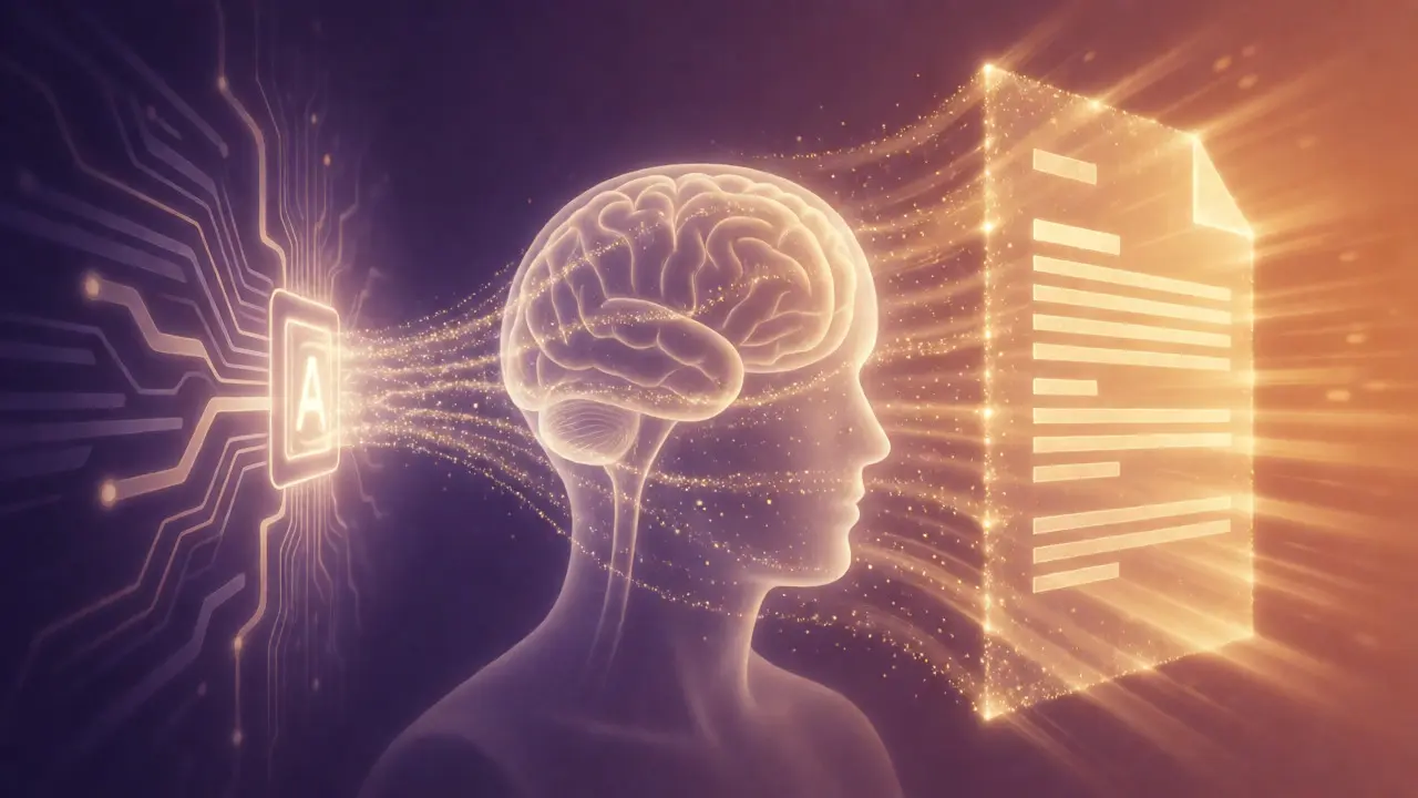 Digital art visualizing AI data transforming into structured human-edited content.