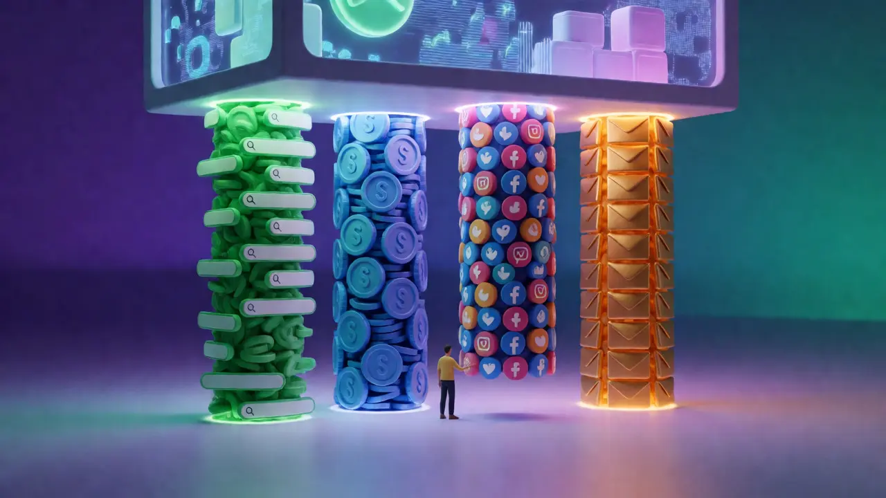 Four glowing pillars representing SEO, PPC, social, and email marketing