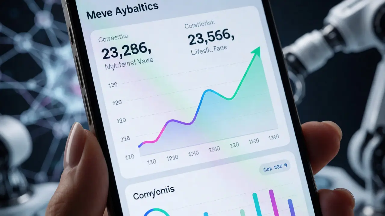 Hand holding phone showing rising marketing analytics with AI background