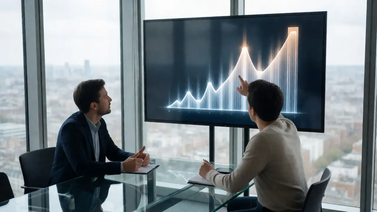 Two professionals discussing rising search rankings on a wall display in a modern office.